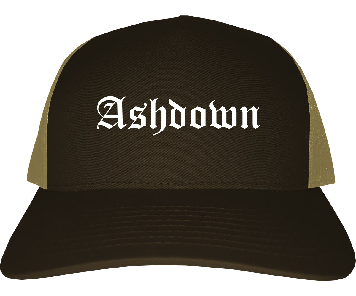 Ashdown Arkansas AR Old English Mens Trucker Hat Cap Brown