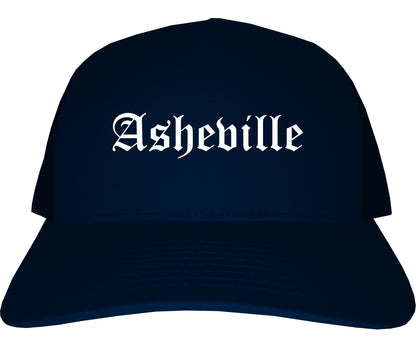 Asheville North Carolina NC Old English Mens Trucker Hat Cap Navy Blue