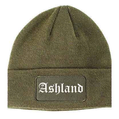 Ashland Ohio OH Old English Mens Knit Beanie Hat Cap Olive Green