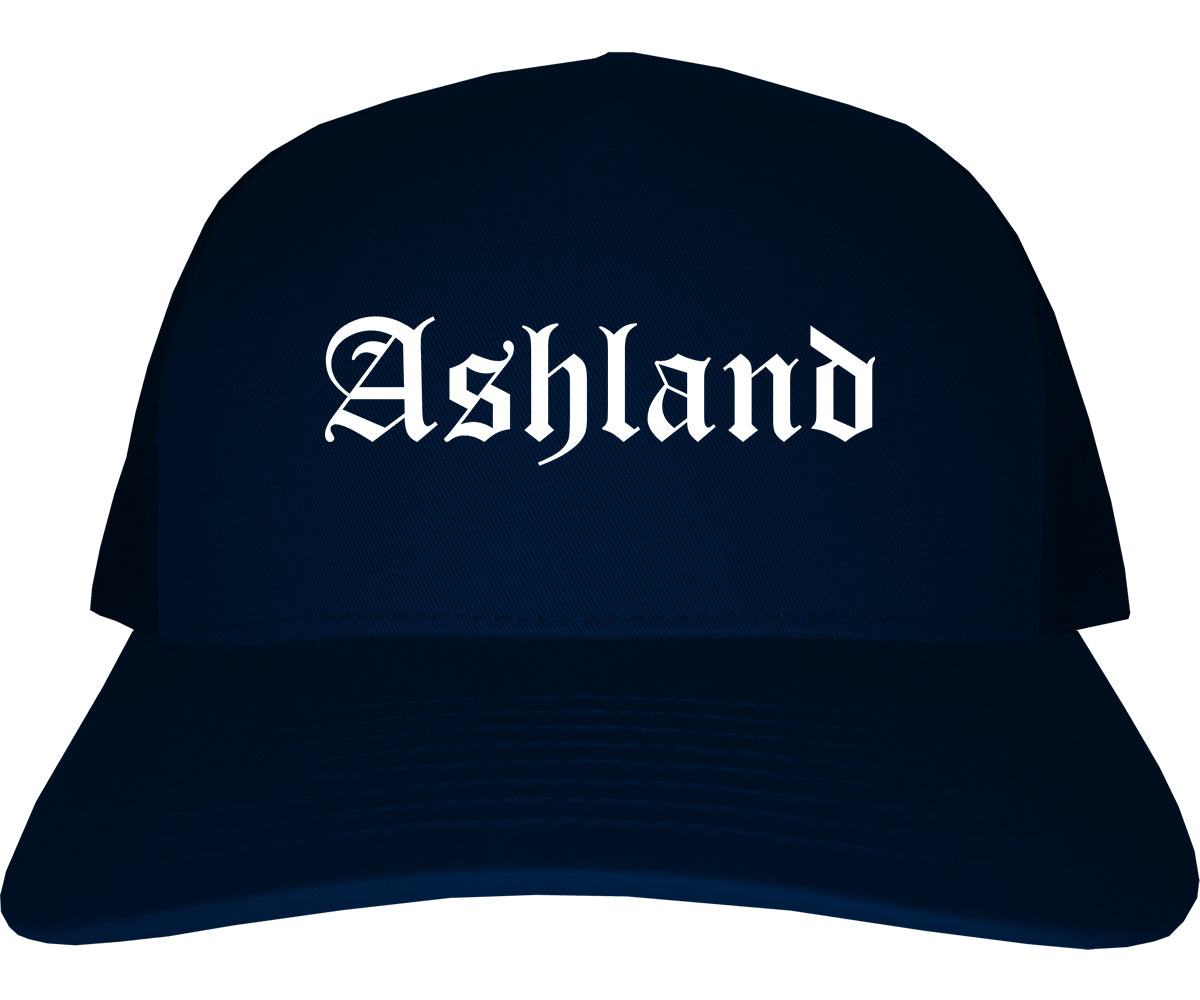 Ashland Ohio OH Old English Mens Trucker Hat Cap Navy Blue