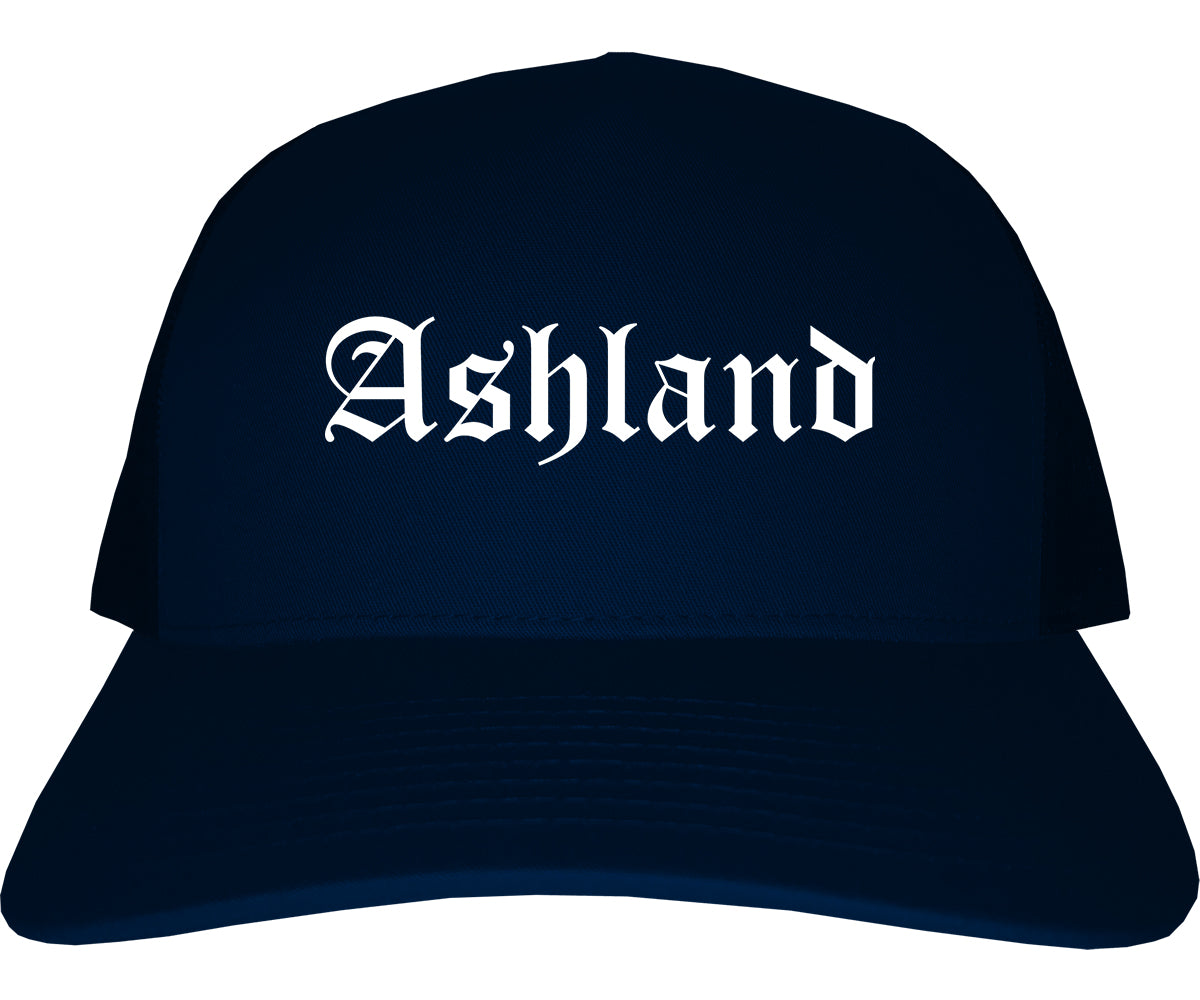 Ashland Wisconsin WI Old English Mens Trucker Hat Cap Navy Blue