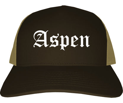 Aspen Colorado CO Old English Mens Trucker Hat Cap Brown
