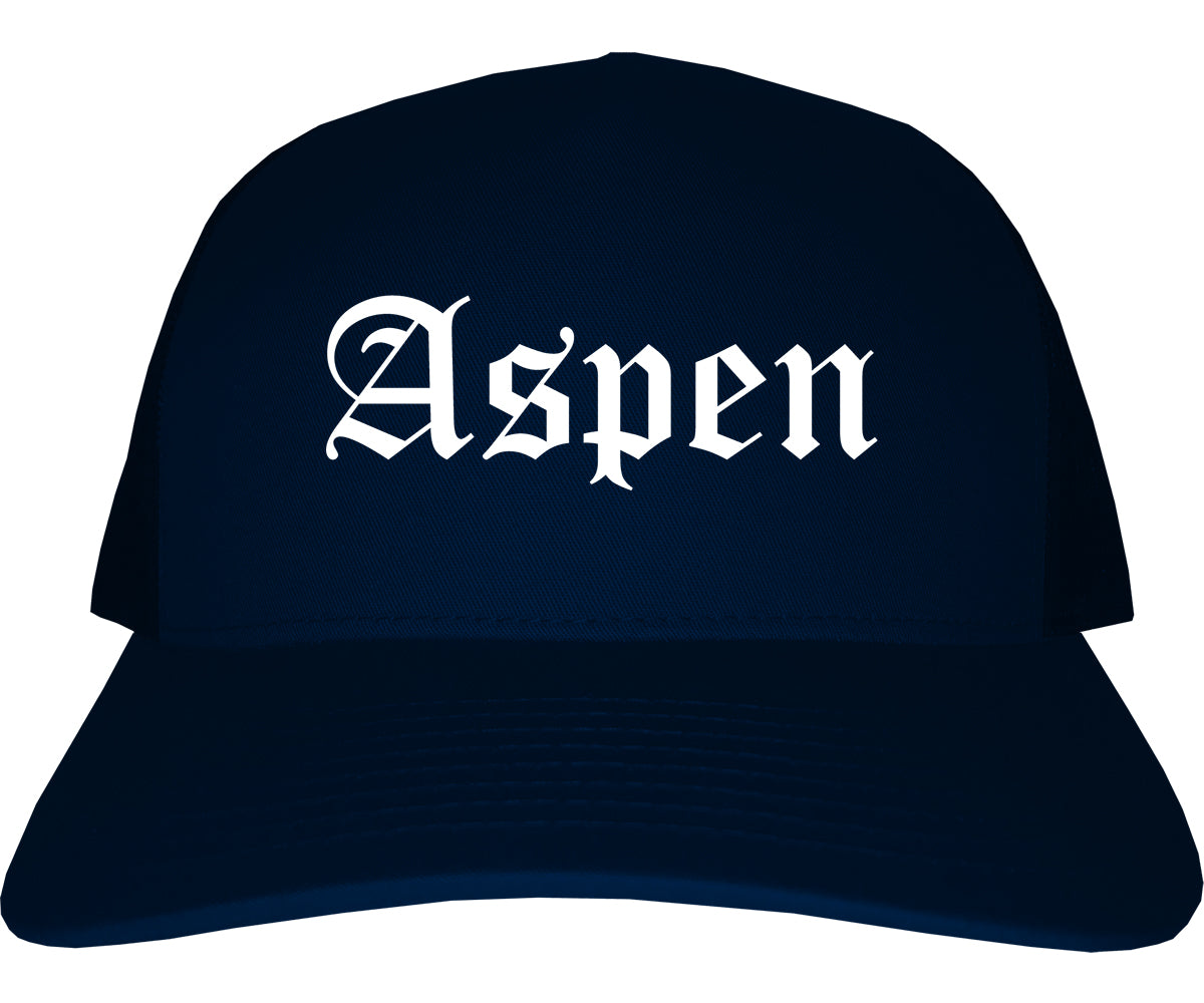 Aspen Colorado CO Old English Mens Trucker Hat Cap Navy Blue