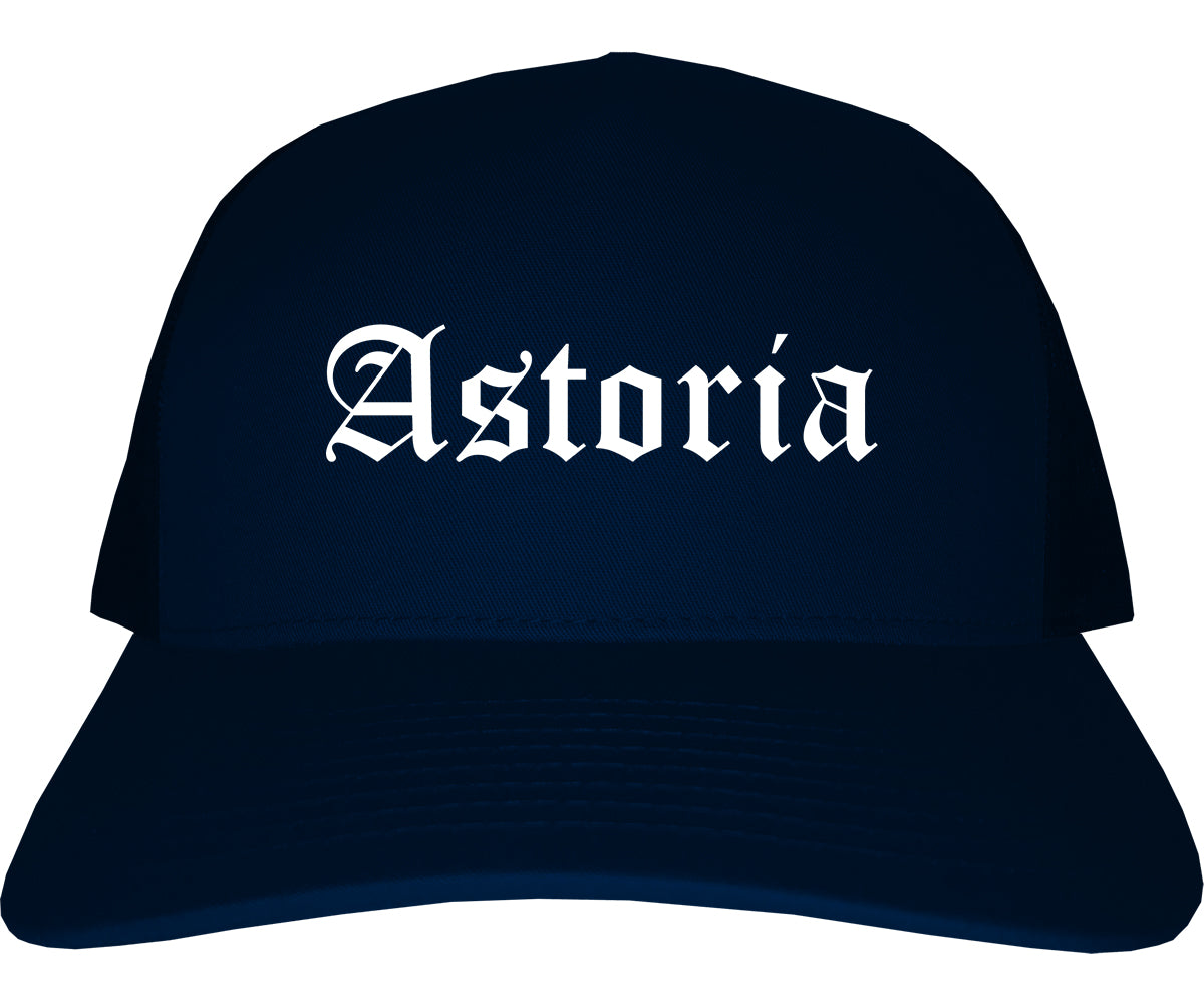 Astoria Oregon OR Old English Mens Trucker Hat Cap Navy Blue