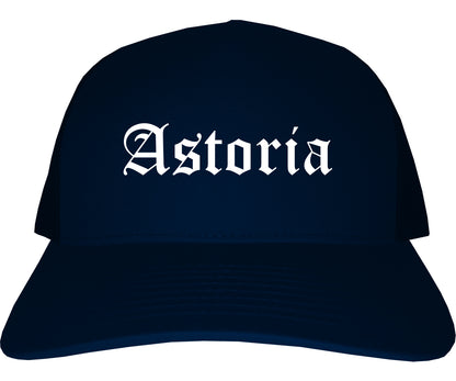 Astoria Oregon OR Old English Mens Trucker Hat Cap Navy Blue