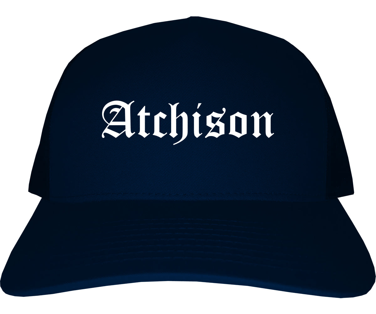 Atchison Kansas KS Old English Mens Trucker Hat Cap Navy Blue