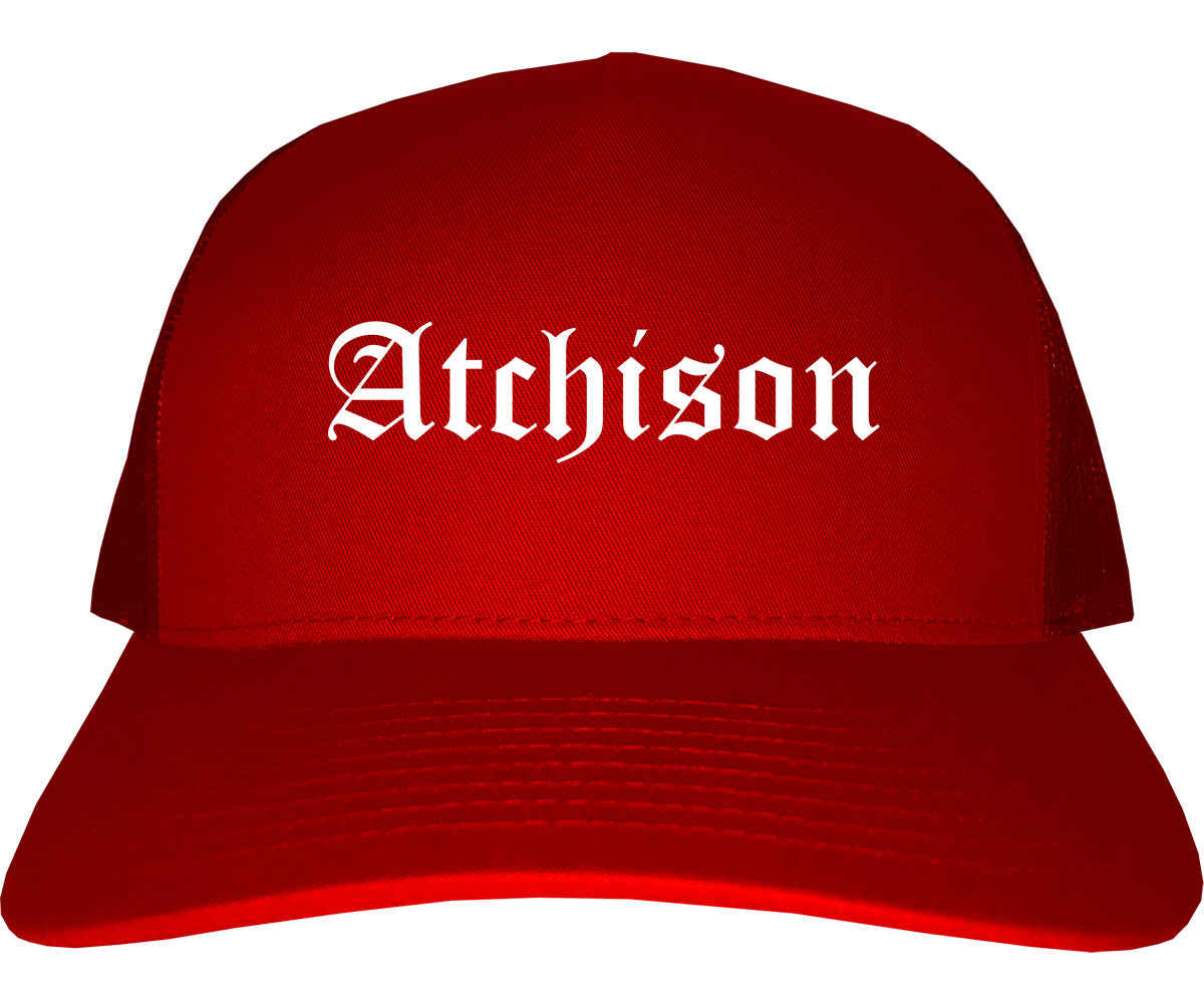 Atchison Kansas KS Old English Mens Trucker Hat Cap Red