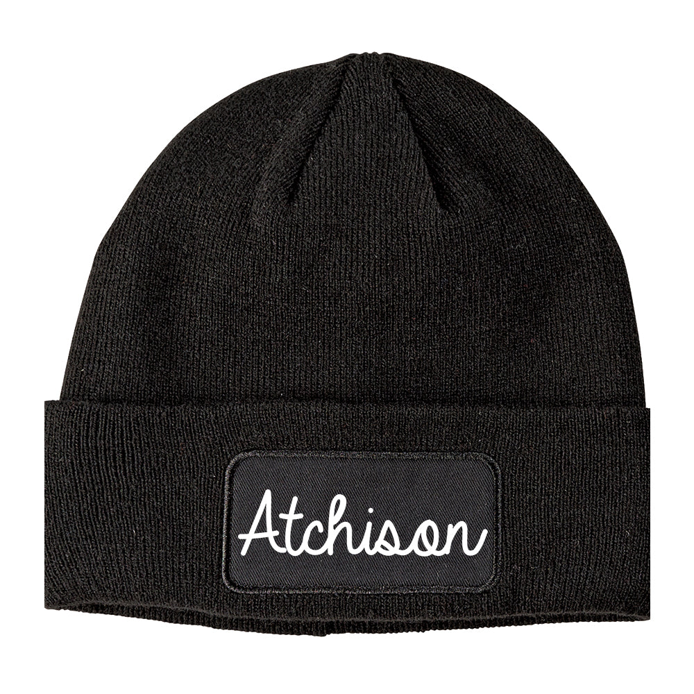 Atchison Kansas KS Script Mens Knit Beanie Hat Cap Black