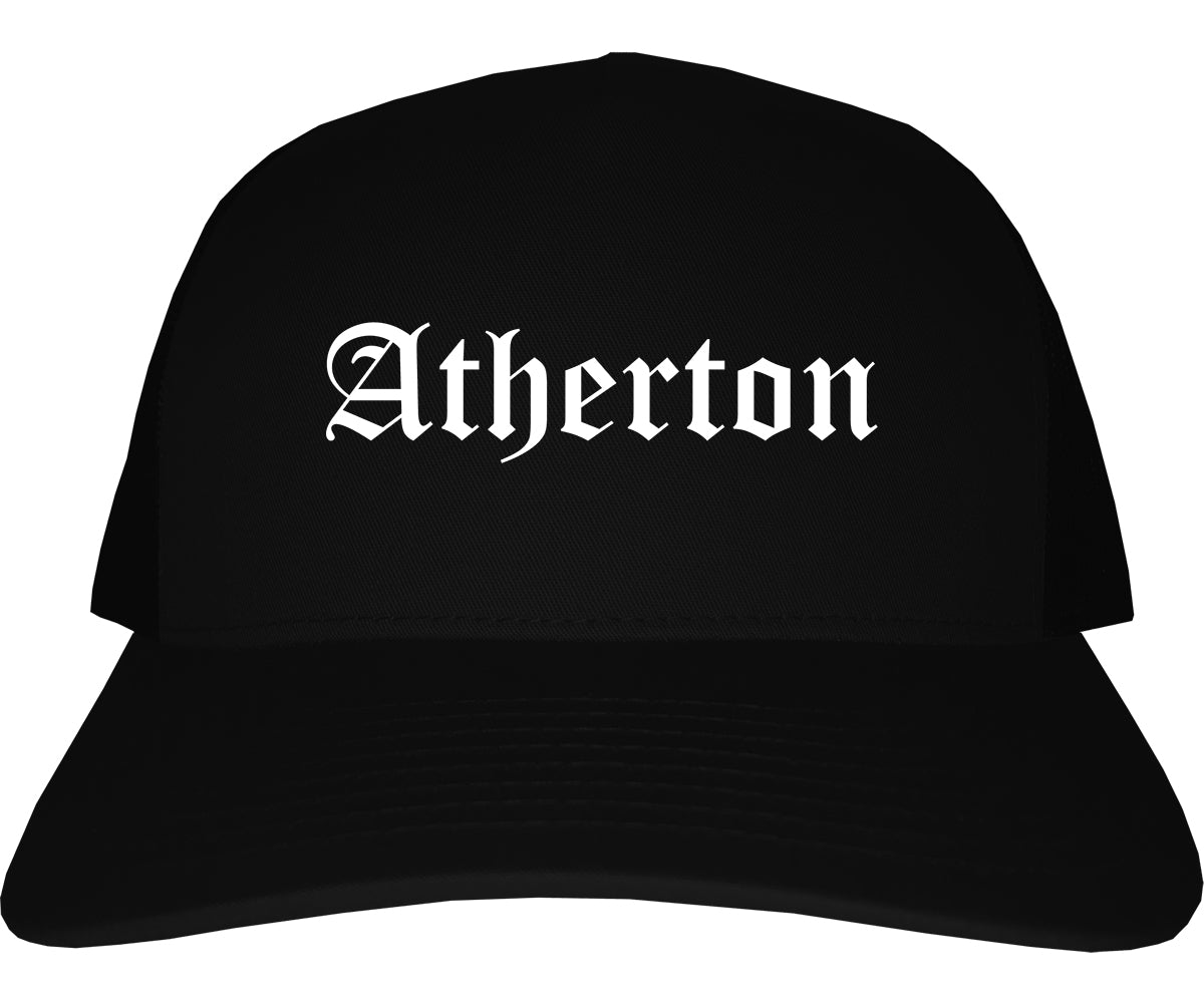 Atherton California CA Old English Mens Trucker Hat Cap Black