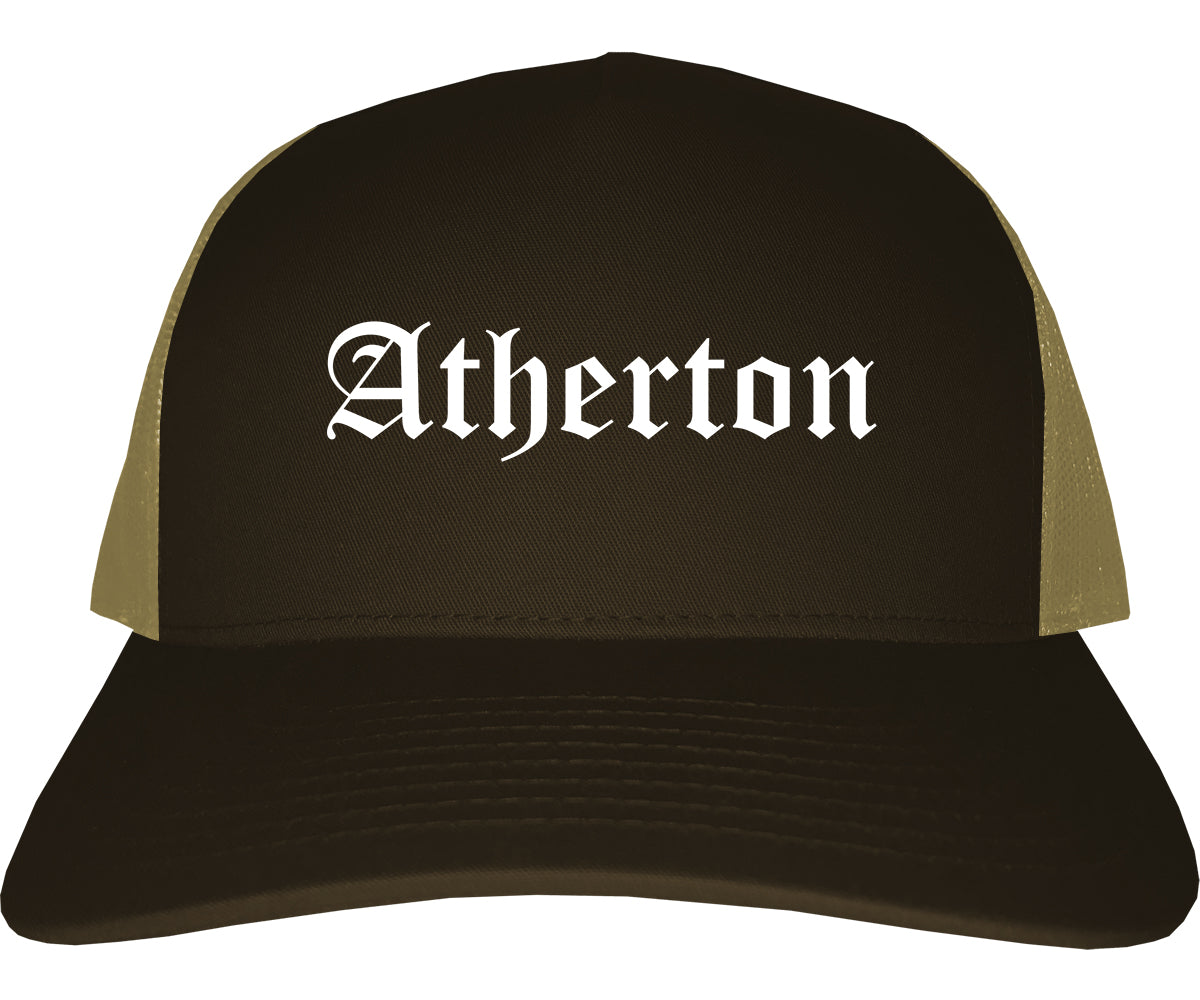 Atherton California CA Old English Mens Trucker Hat Cap Brown
