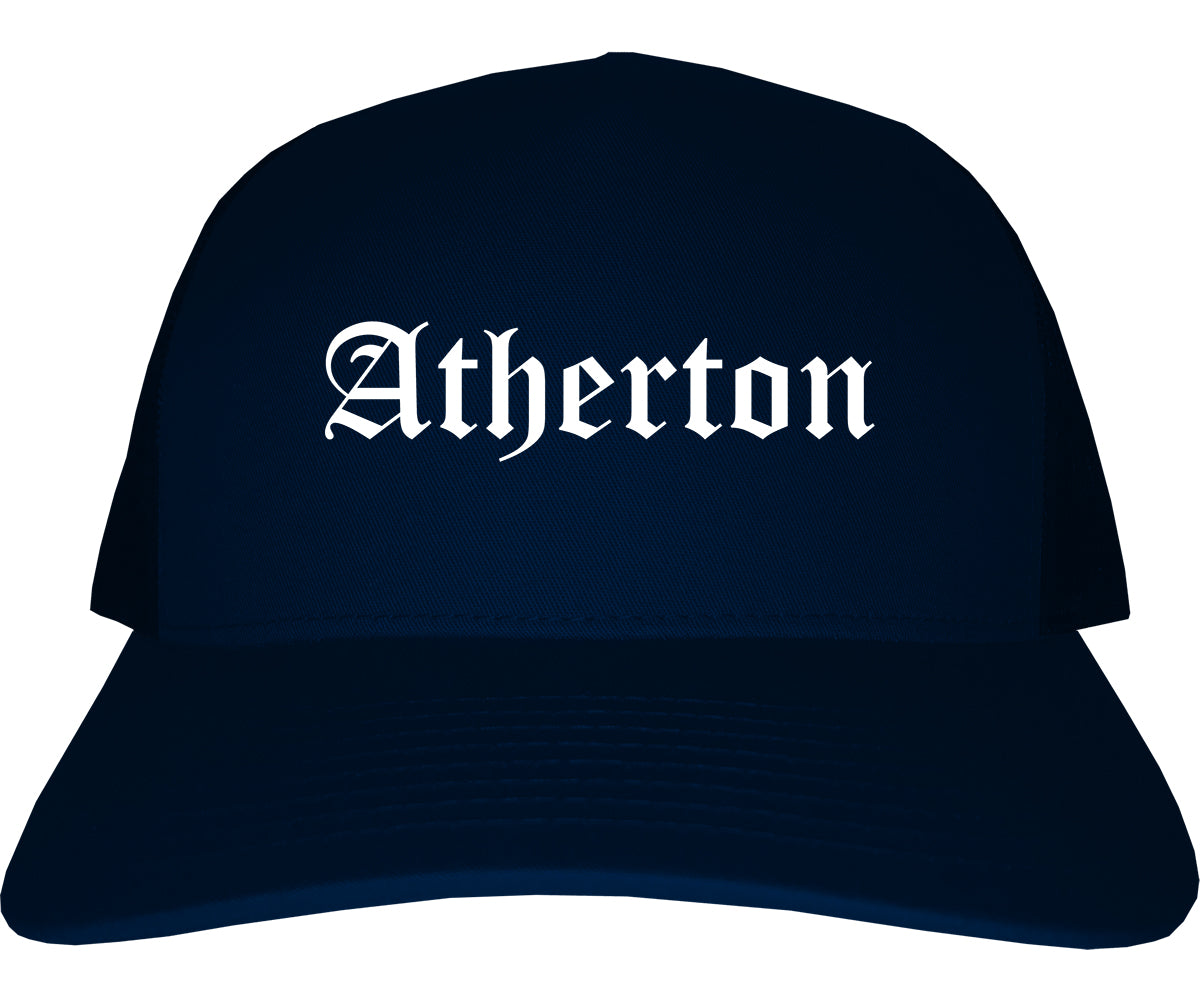 Atherton California CA Old English Mens Trucker Hat Cap Navy Blue