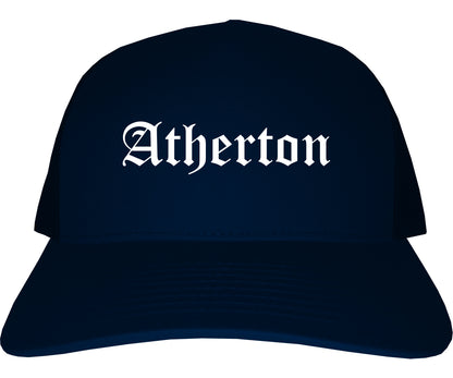 Atherton California CA Old English Mens Trucker Hat Cap Navy Blue