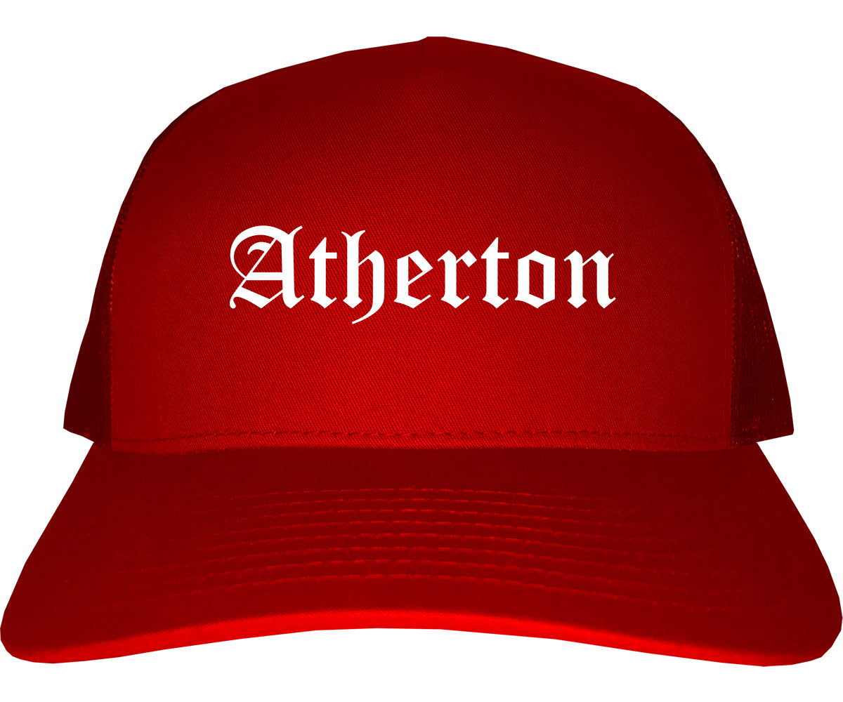 Atherton California CA Old English Mens Trucker Hat Cap Red