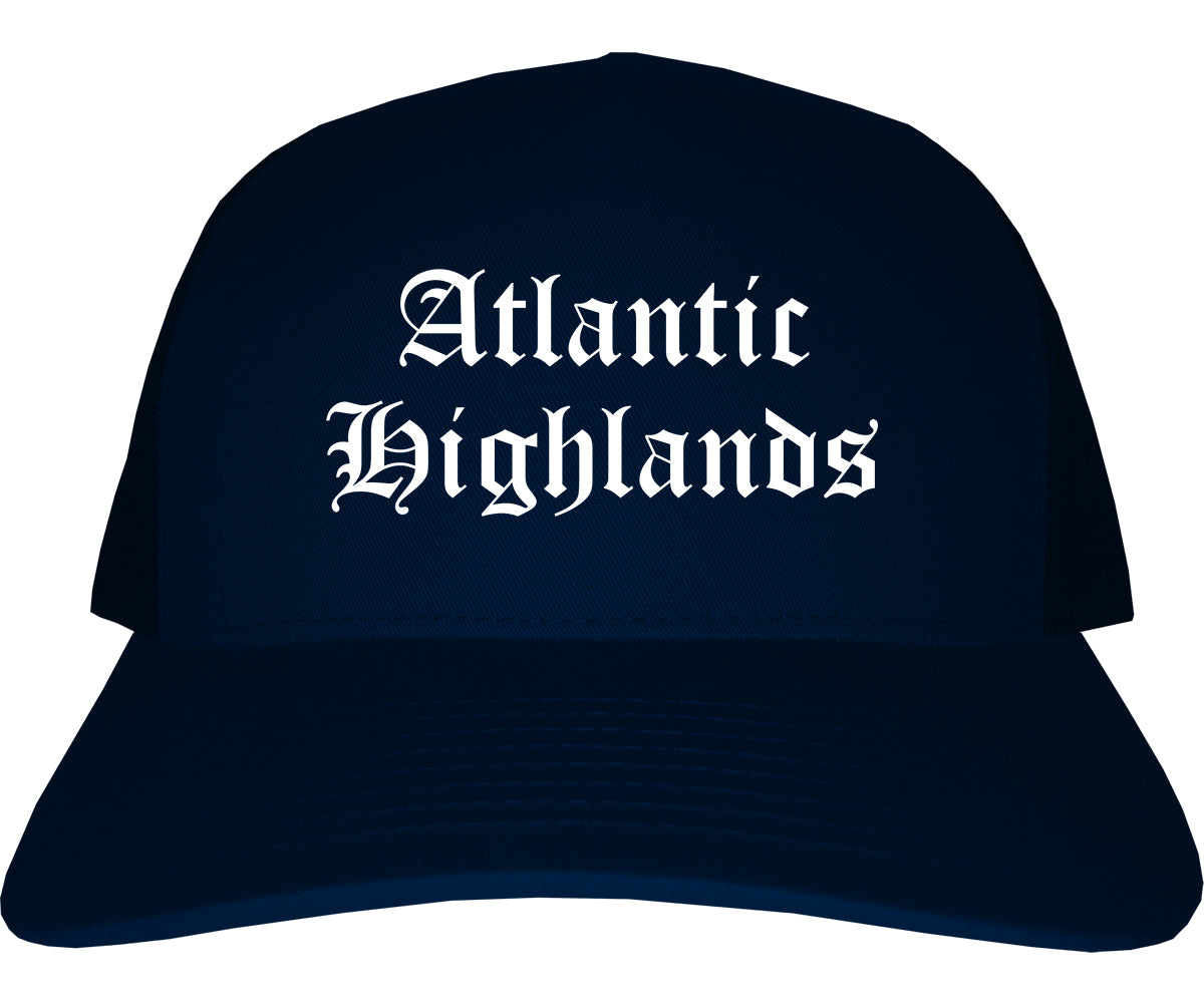 Atlantic Highlands New Jersey NJ Old English Mens Trucker Hat Cap Navy Blue