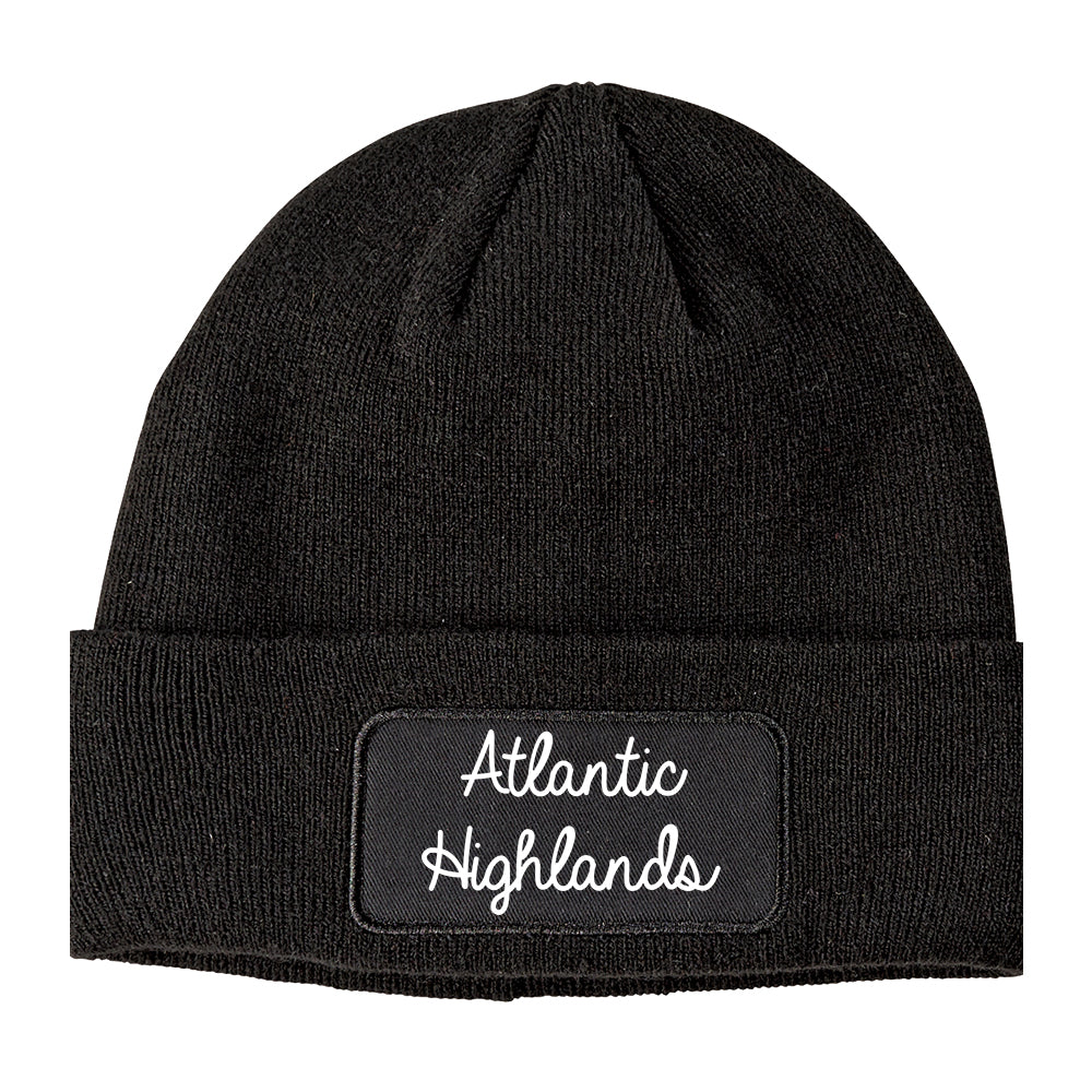 Atlantic Highlands New Jersey NJ Script Mens Knit Beanie Hat Cap Black