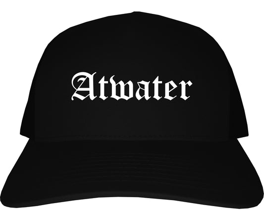 Atwater California CA Old English Mens Trucker Hat Cap Black