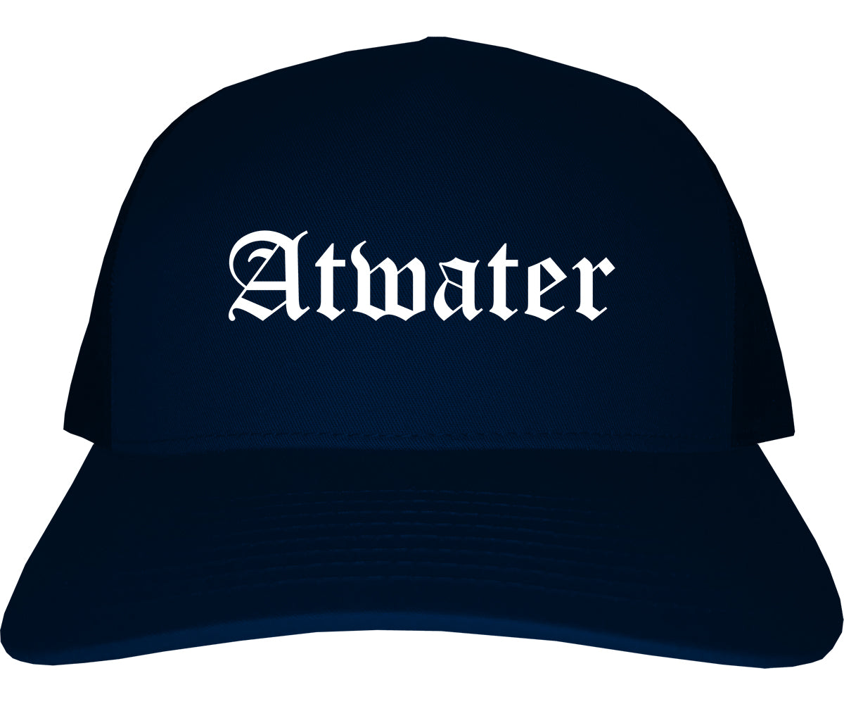 Atwater California CA Old English Mens Trucker Hat Cap Navy Blue