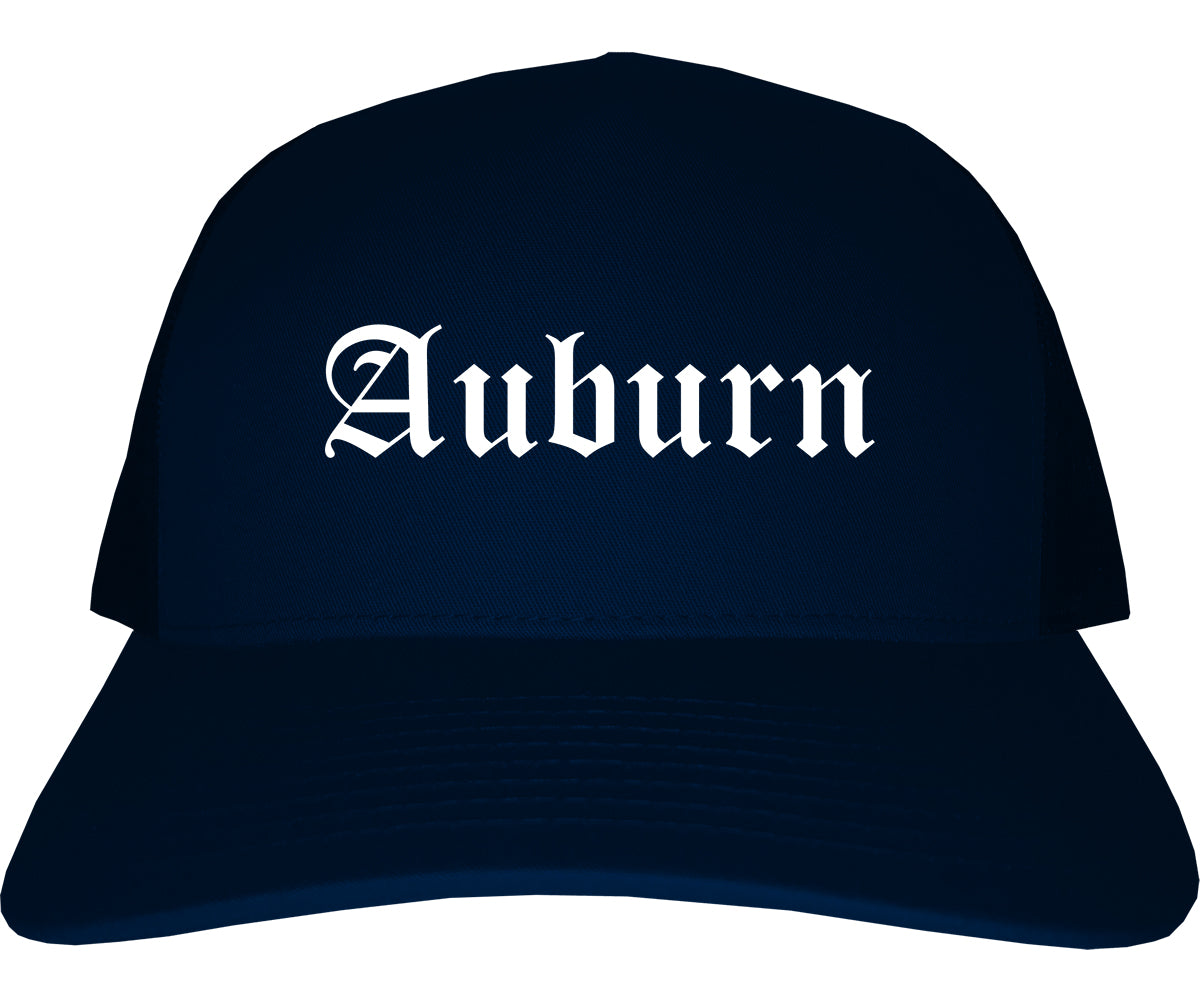 Auburn California CA Old English Mens Trucker Hat Cap Navy Blue