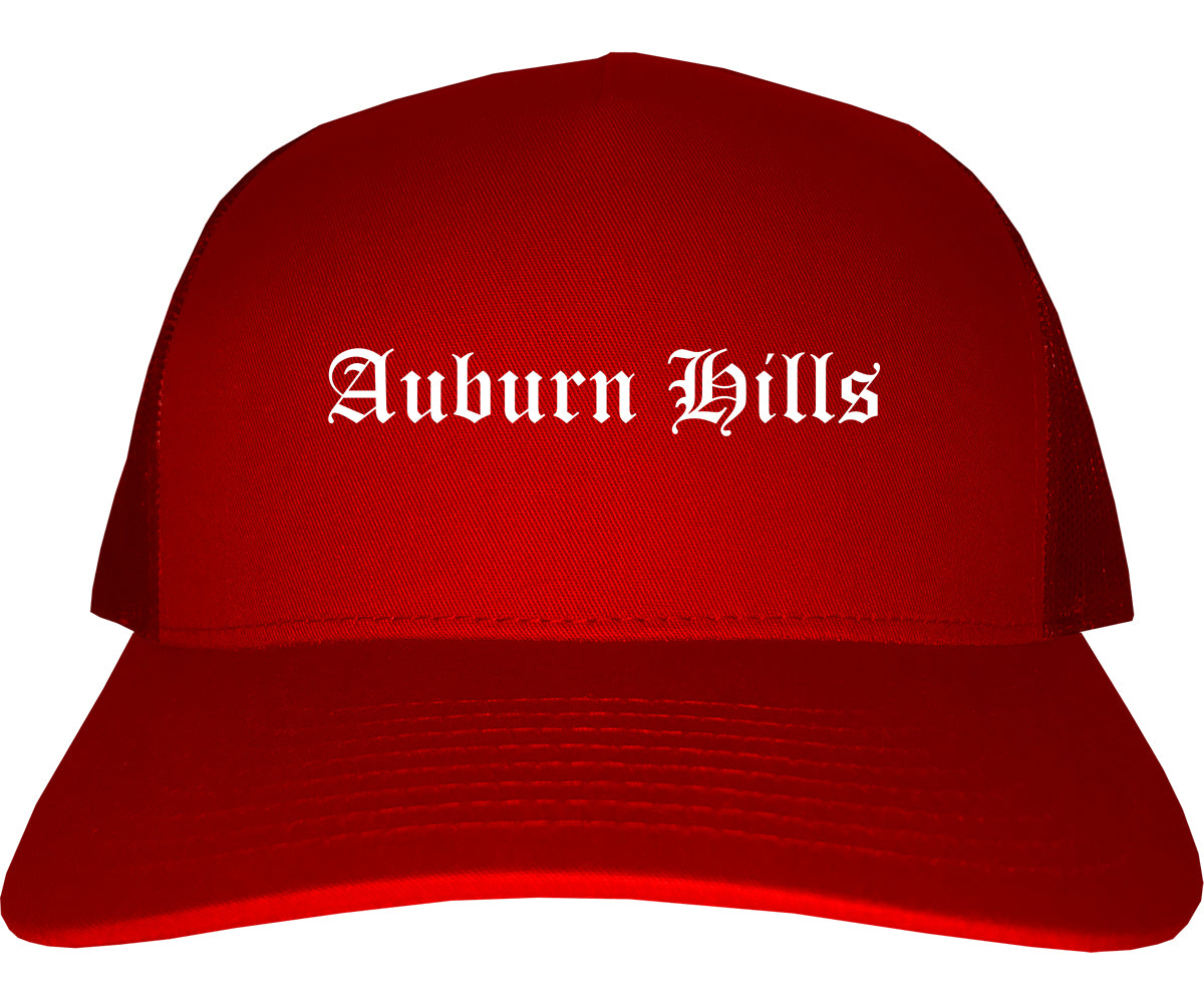 Auburn Hills Michigan MI Old English Mens Trucker Hat Cap Red
