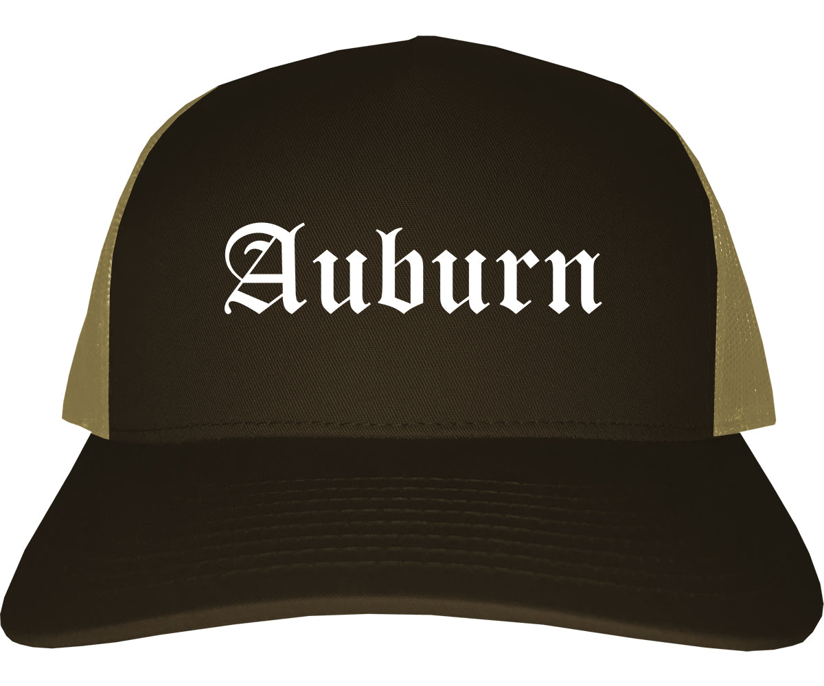 Auburn Illinois IL Old English Mens Trucker Hat Cap Brown