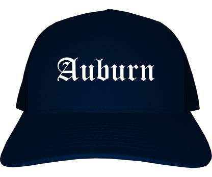 Auburn Illinois IL Old English Mens Trucker Hat Cap Navy Blue