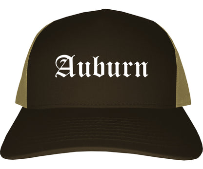 Auburn Maine ME Old English Mens Trucker Hat Cap Brown