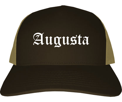 Augusta Maine ME Old English Mens Trucker Hat Cap Brown