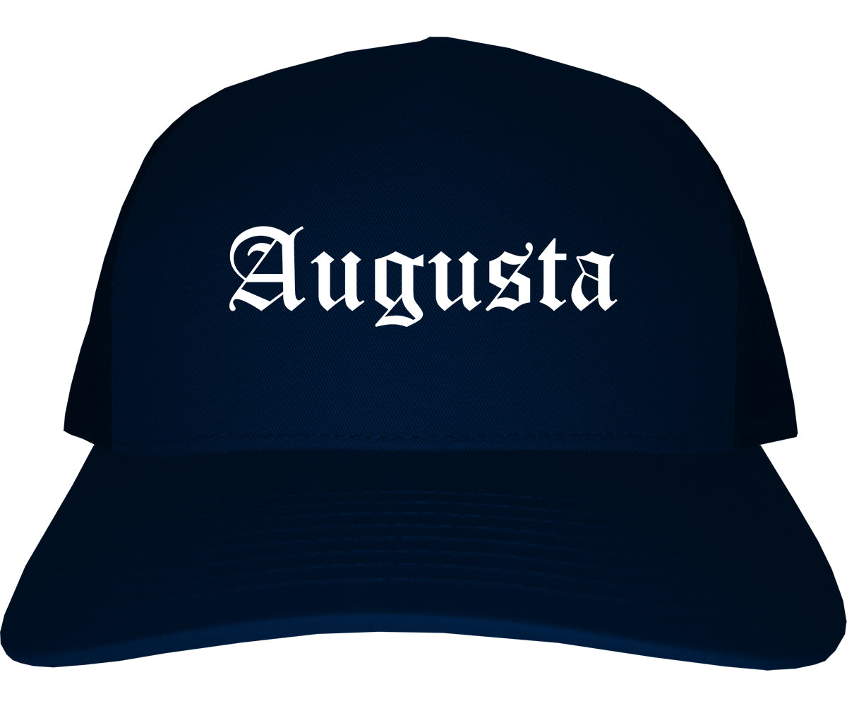 Augusta Maine ME Old English Mens Trucker Hat Cap Navy Blue