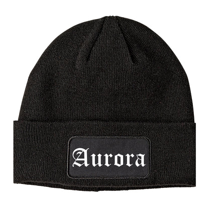 Aurora Missouri MO Old English Mens Knit Beanie Hat Cap Black