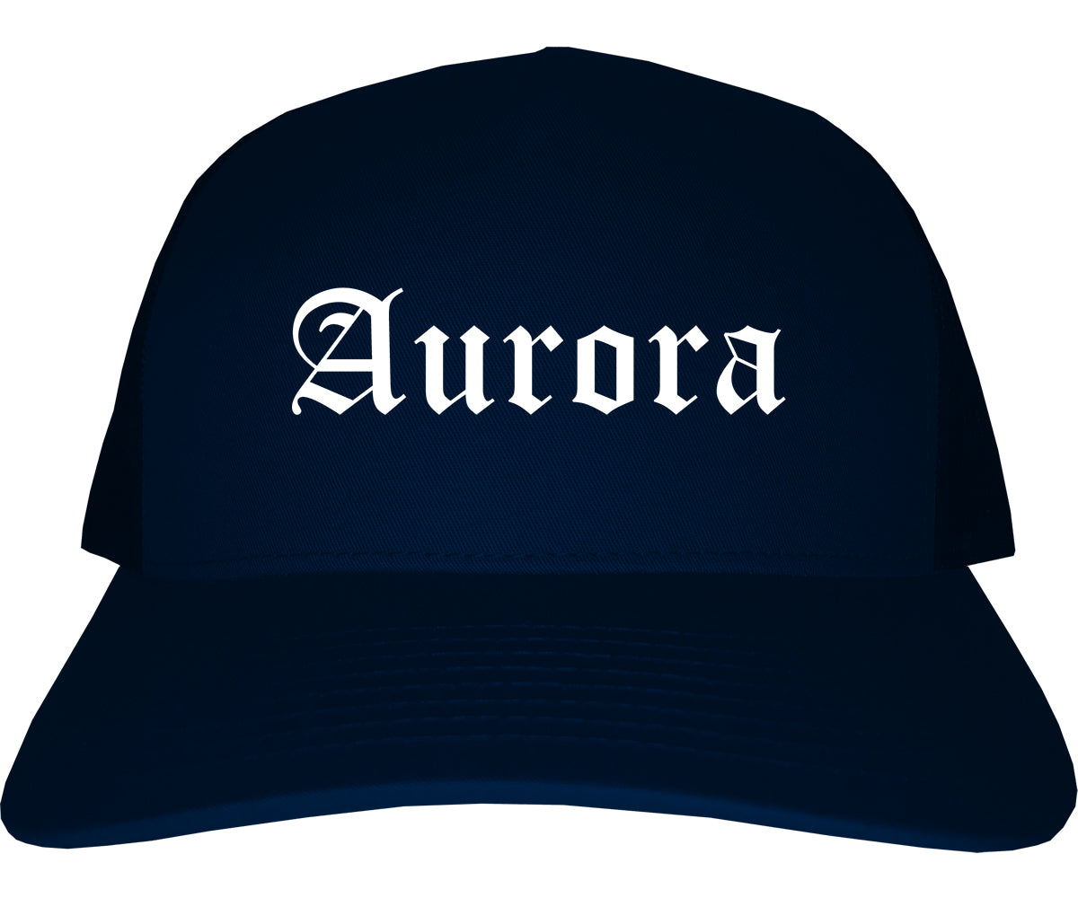 Aurora Ohio OH Old English Mens Trucker Hat Cap Navy Blue