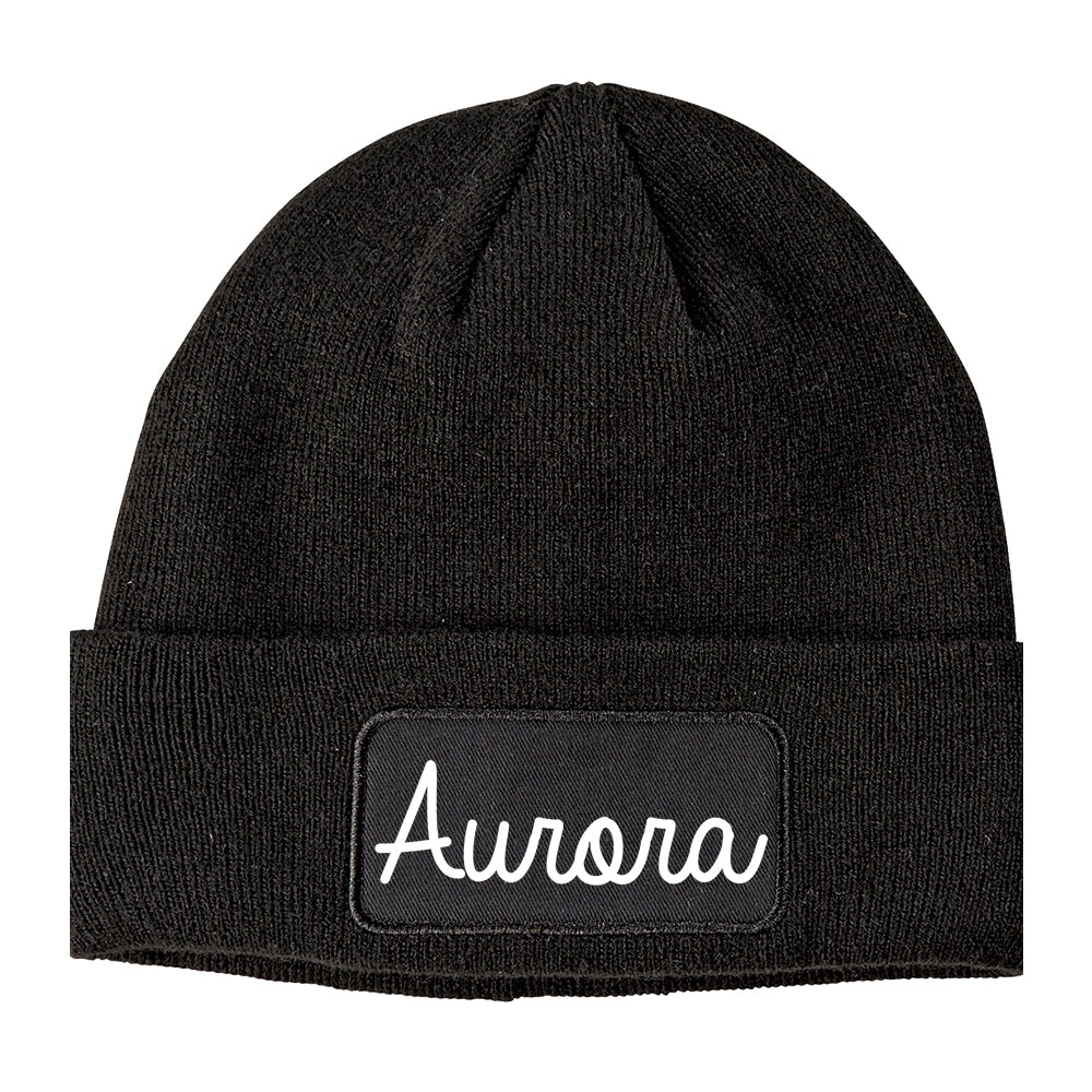 Aurora Ohio OH Script Mens Knit Beanie Hat Cap Black