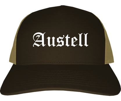 Austell Georgia GA Old English Mens Trucker Hat Cap Brown