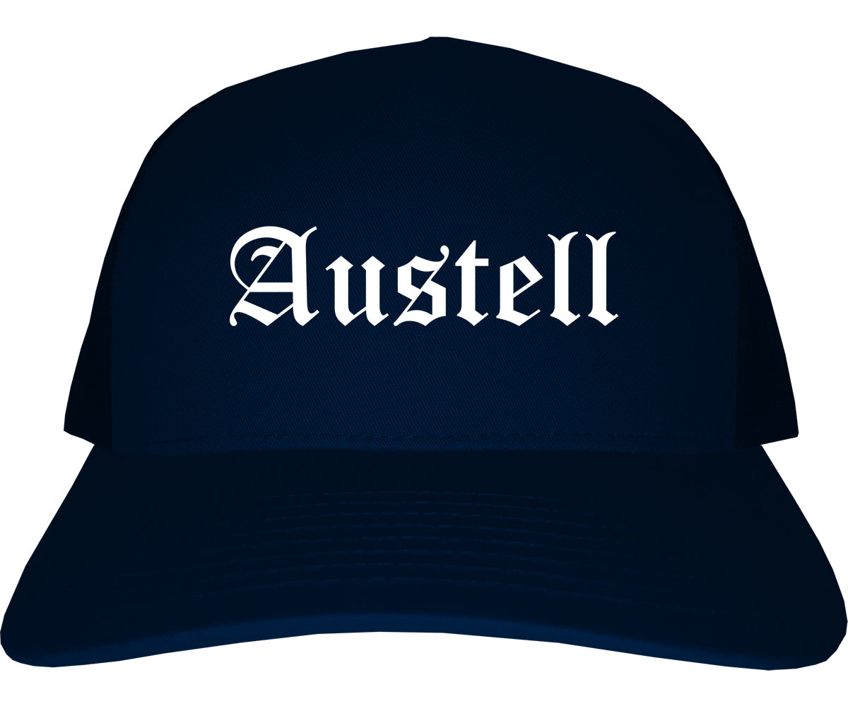 Austell Georgia GA Old English Mens Trucker Hat Cap Navy Blue