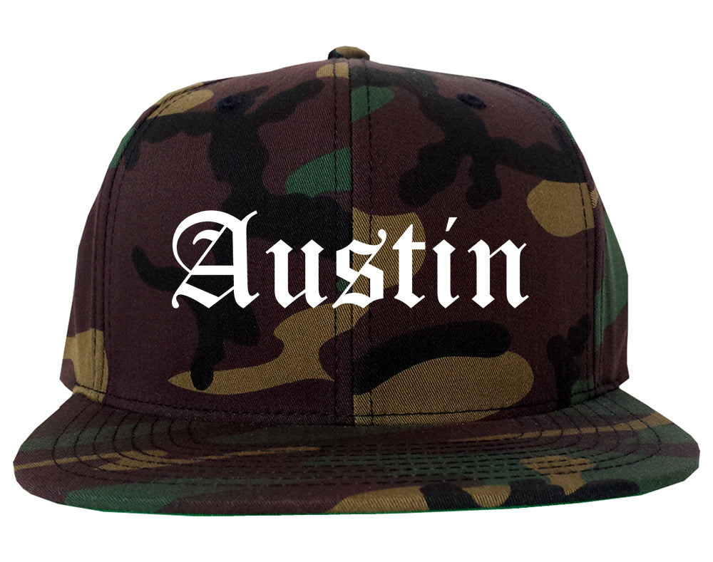Austin Indiana IN Old English Mens Snapback Hat Army Camo