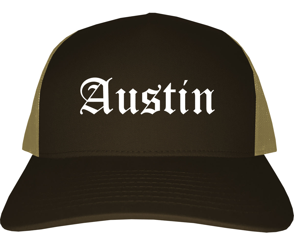 Austin Indiana IN Old English Mens Trucker Hat Cap Brown