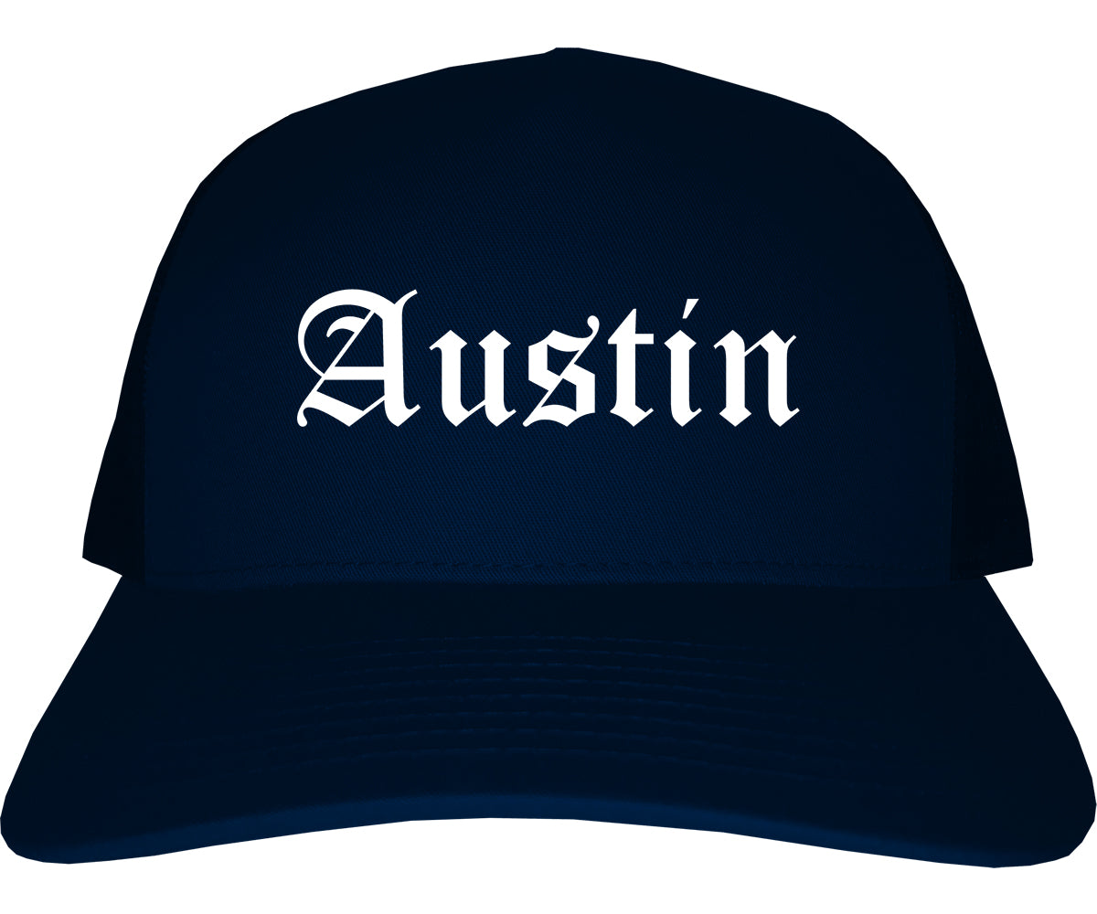 Austin Minnesota MN Old English Mens Trucker Hat Cap Navy Blue