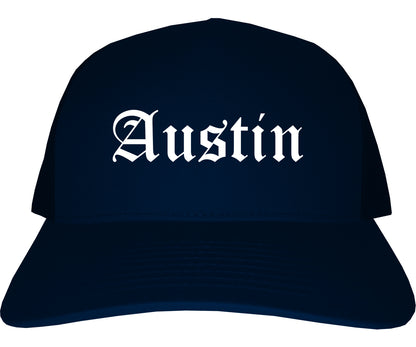 Austin Texas TX Old English Mens Trucker Hat Cap Navy Blue