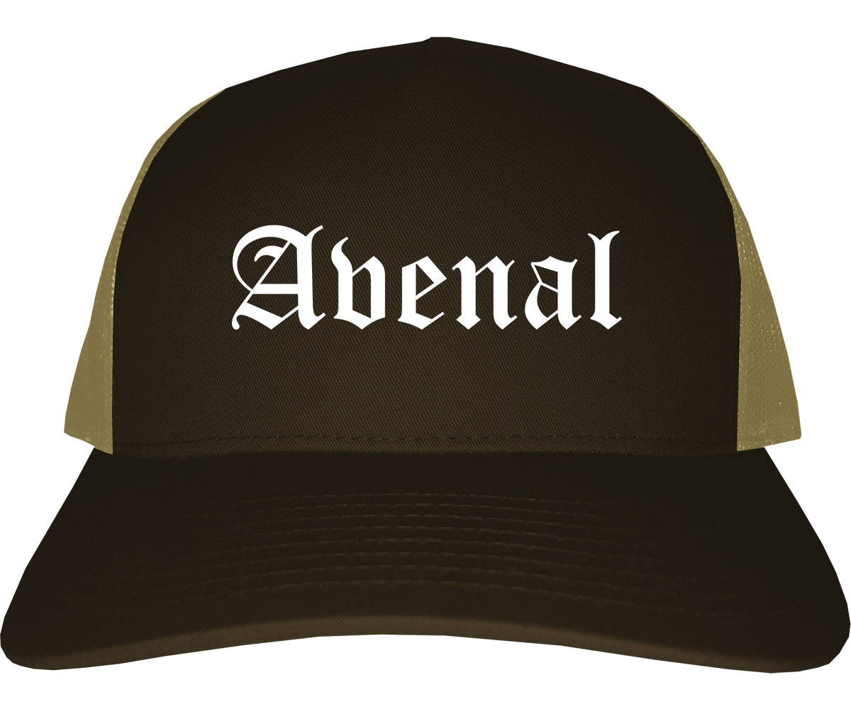 Avenal California CA Old English Mens Trucker Hat Cap Brown