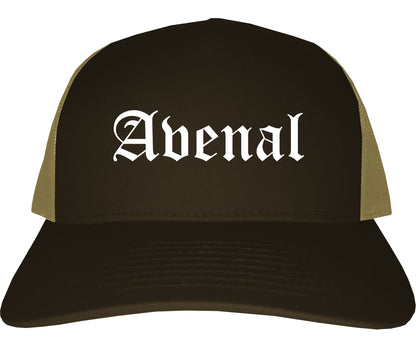 Avenal California CA Old English Mens Trucker Hat Cap Brown