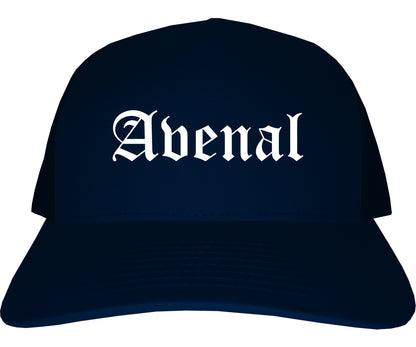 Avenal California CA Old English Mens Trucker Hat Cap Navy Blue