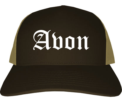 Avon Indiana IN Old English Mens Trucker Hat Cap Brown