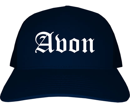 Avon Indiana IN Old English Mens Trucker Hat Cap Navy Blue