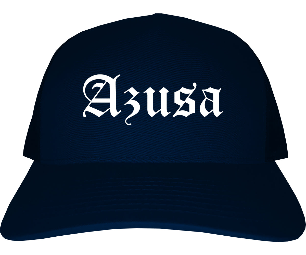 Azusa California CA Old English Mens Trucker Hat Cap Navy Blue
