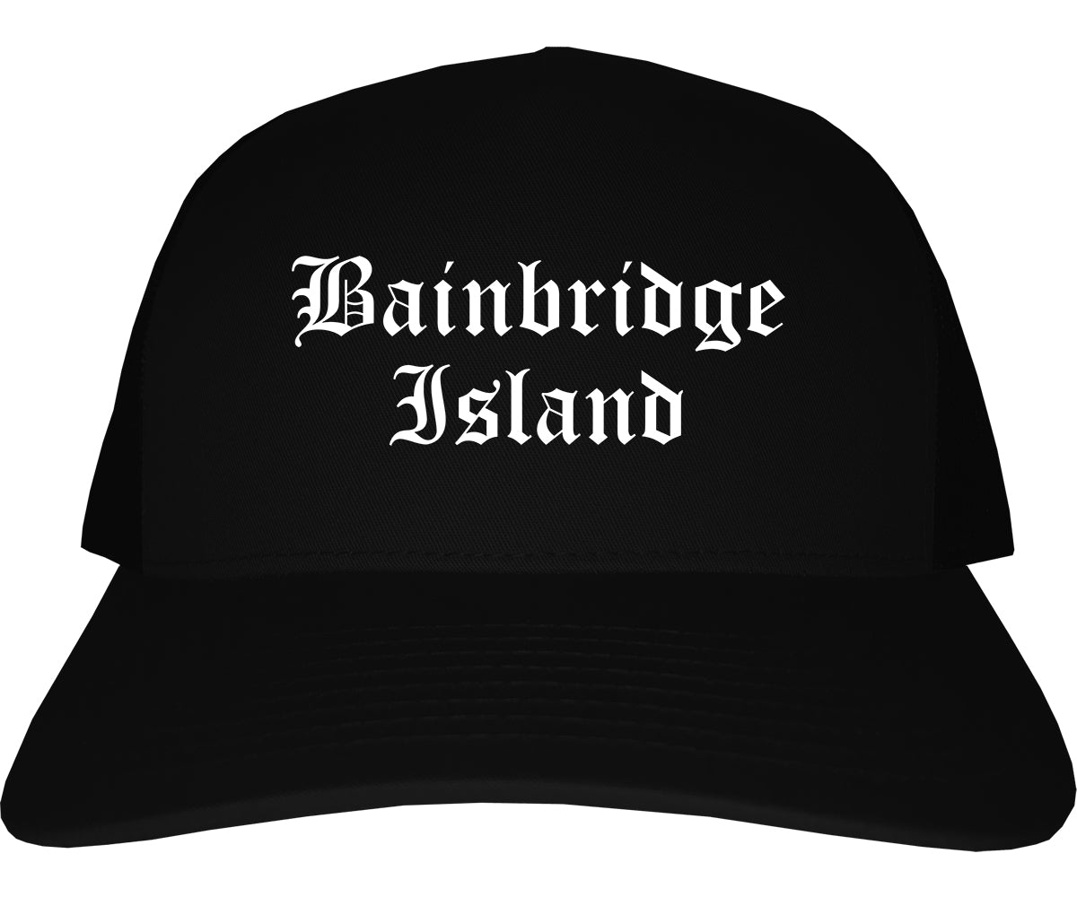 Bainbridge Island Washington WA Old English Mens Trucker Hat Cap Black
