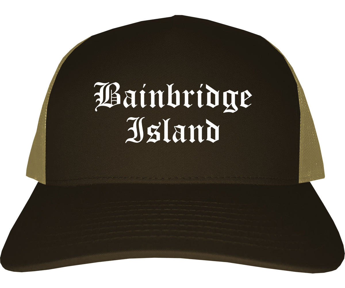 Bainbridge Island Washington WA Old English Mens Trucker Hat Cap Brown
