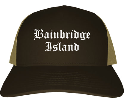 Bainbridge Island Washington WA Old English Mens Trucker Hat Cap Brown