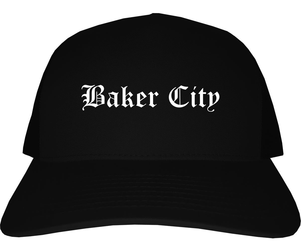 Baker City Oregon OR Old English Mens Trucker Hat Cap Black