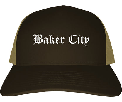 Baker City Oregon OR Old English Mens Trucker Hat Cap Brown