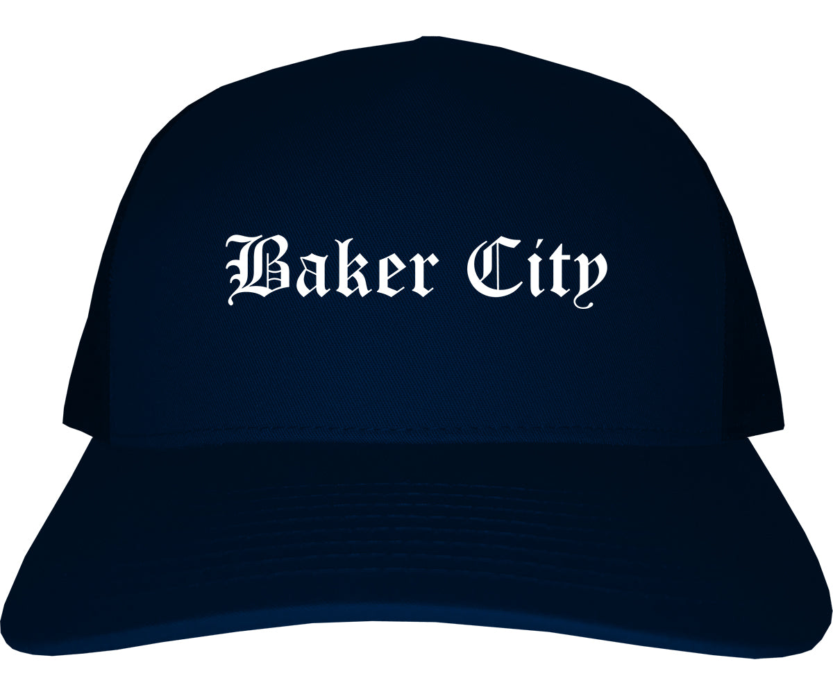 Baker City Oregon OR Old English Mens Trucker Hat Cap Navy Blue