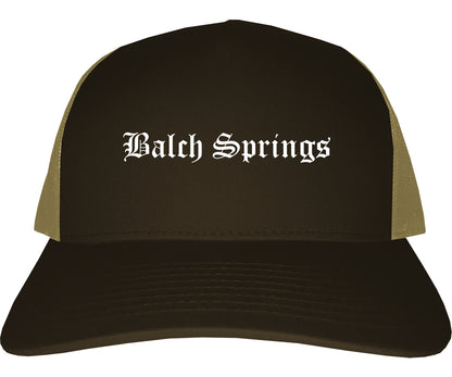 Balch Springs Texas TX Old English Mens Trucker Hat Cap Brown
